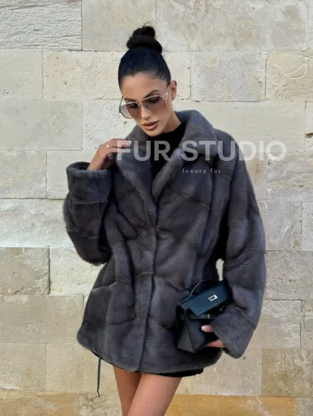 Короткая норковая шуба с английским воротником - цвет графит - фото 10