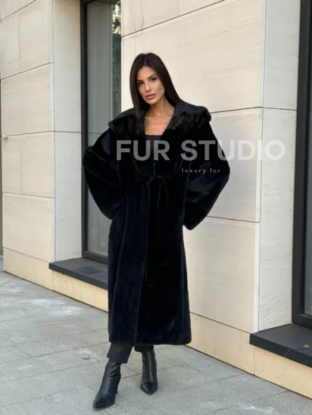 Норка кимоно BLACKGLAMA роспуск, капюшон кобра - фото 13