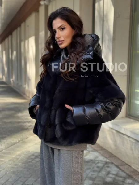 Женская меховая норковая куртка -темный графит - фото 4
