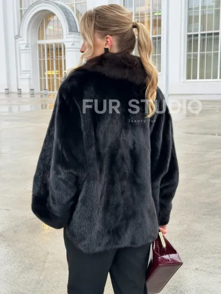 Черный норковый жакет с воротником куницы - фото 6