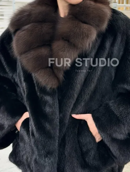 Черный норковый жакет с воротником куницы - фото 1