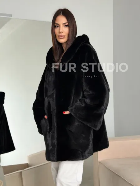 Норка шуба BLACKGLAMA паркет кимоно с капюшоном - фото 13