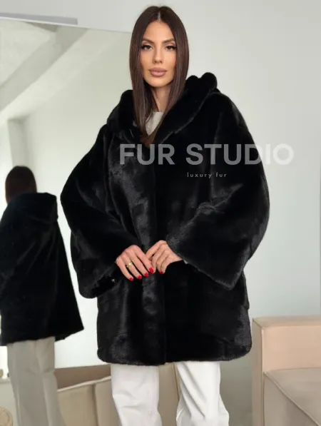 Норка шуба BLACKGLAMA паркет кимоно с капюшоном - фото 5