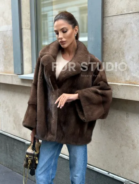 Норковый полушубок с английским воротником - цвет орех - фото 5