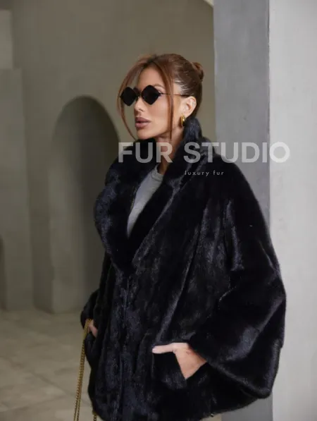 Норковый жакет роспуск - английский воротник -черный - фото 3