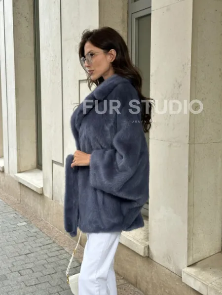 Шуба норковая летучая мышь - цвет джинс - фото 4