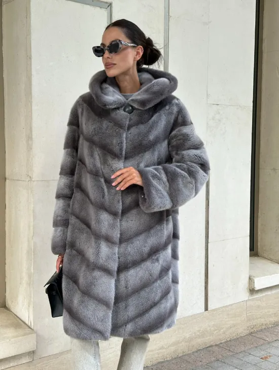 Норковая шуба с капюшоном - цвет PLATINUM (СЕРЫЙ) - фото 1