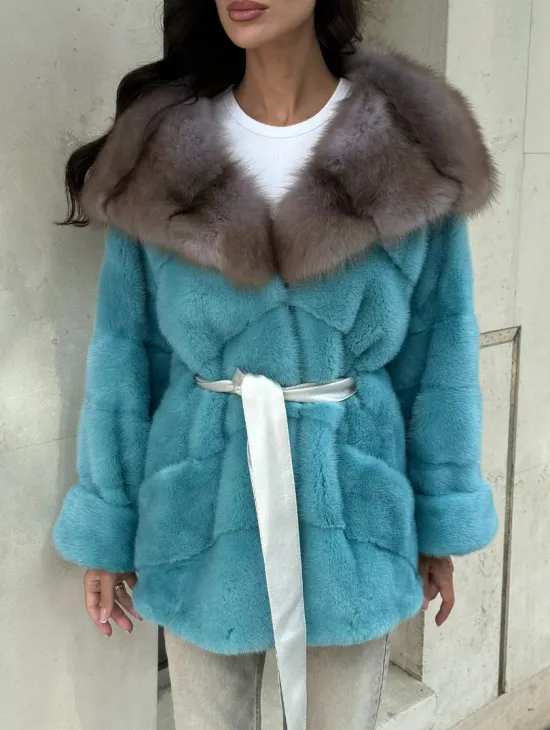 Шуба Autolady из норки с капюшоном из меха куницы - цвет тиффани - фото 3