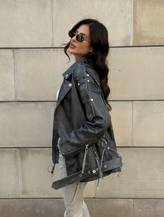 Куртка-косуха винтажная из натуральной кожи со шнуровкой - фото 12