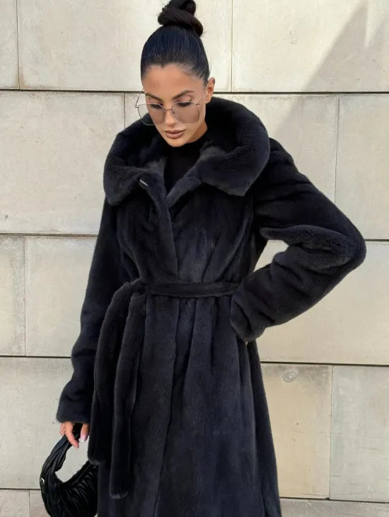 Шуба из меха импортной норки NAFA с капюшоном, цвет темный графит - фото 6