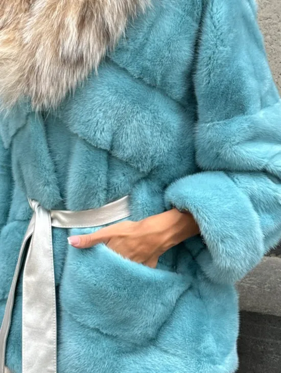 Шуба автоледи из норки с капюшоном из меха рыси - цвет Tiffany - фото 1