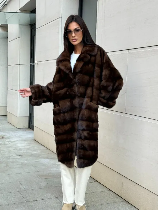 Шуба из меха соболиной норки английский воротник - цвет соболь - фото 5