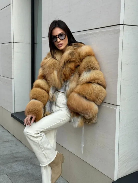 Шуба из меха рыжей лисы в натуральном цвете, паркетной раскладке - фото 10