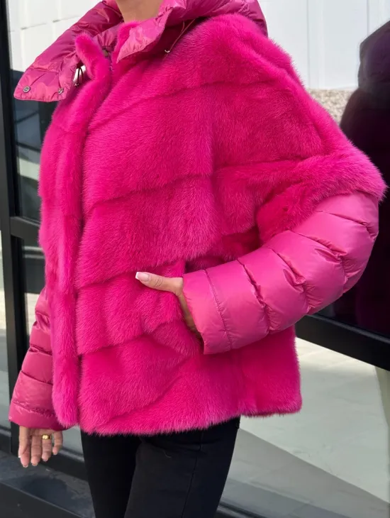 Норковая куртка трансформер 2в1 - цвет фуксия - фото 3