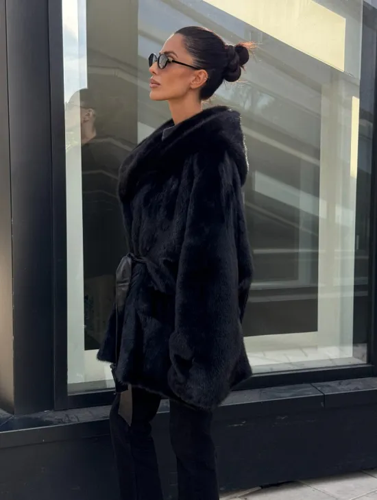 Шуба норковая натуральная с капюшоном кобра - накладные карманы - фото 2