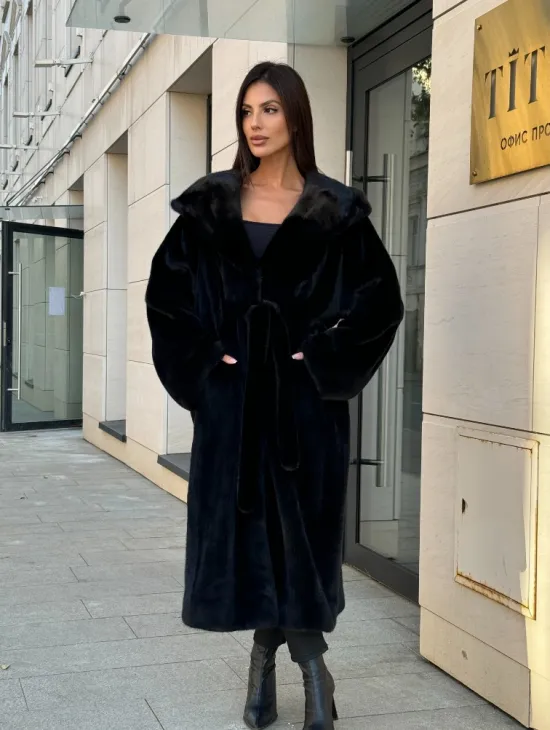 Норка кимоно BLACKGLAMA роспуск, капюшон кобра - фото 0