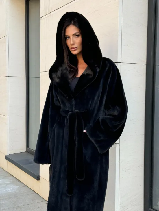 Норка кимоно BLACKGLAMA роспуск, капюшон кобра - фото 7