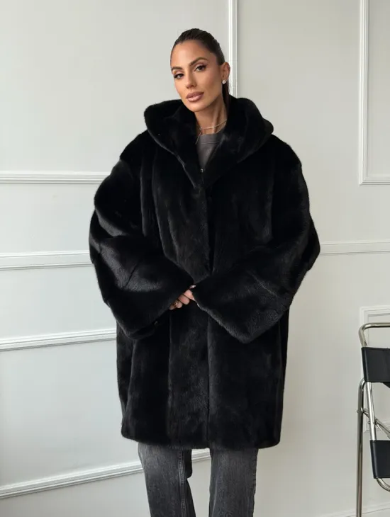 Шуба натуральная женская из норки Blackglama с капюшоном - фото 10