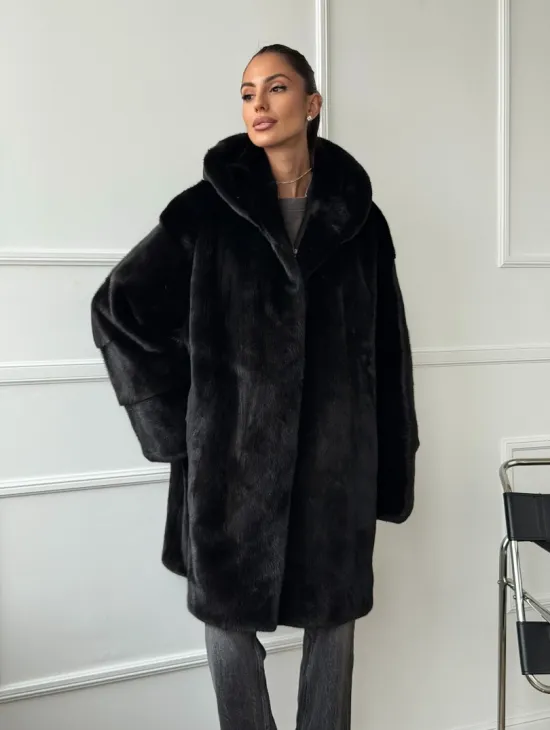 Шуба натуральная женская из норки Blackglama с капюшоном - фото 9