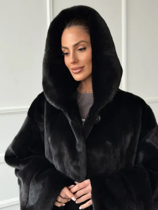 Шуба натуральная женская из норки Blackglama с капюшоном - фото 5