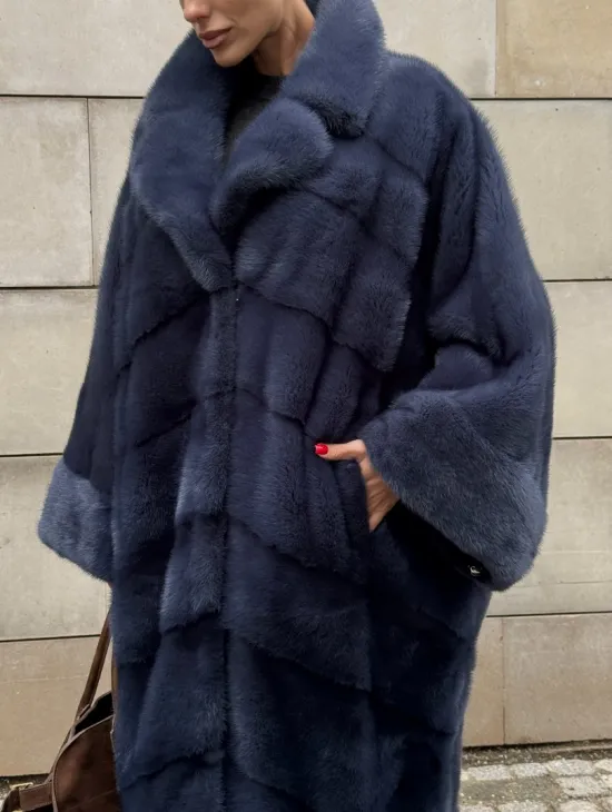 Норковая шуба-пальто в цвете джинс, стиль  “Бохо“ — батальный размер - фото 4