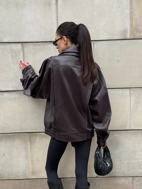 Стильная женская куртка из натуральной зернистой кожи COLLECTION DARK BURGUNDY - фото 11