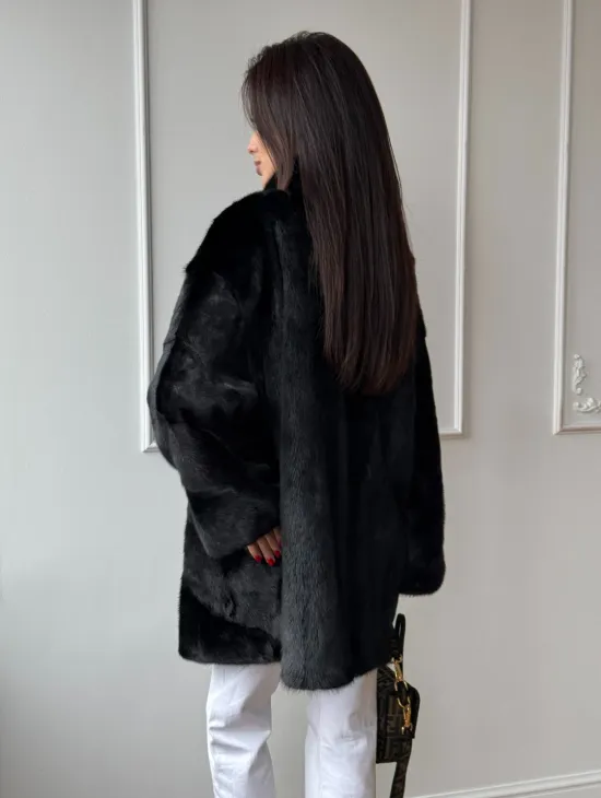Черный полушубок из натурального меха, стойка воротник - фото 5