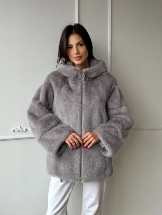 Женский меховой бомбер из аукционной норки с капюшоном  на молнии - фото 6