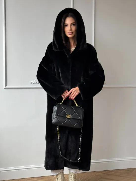 Натуральная черная женская шуба из меха норки Blackglama с капюшоном - фото 0