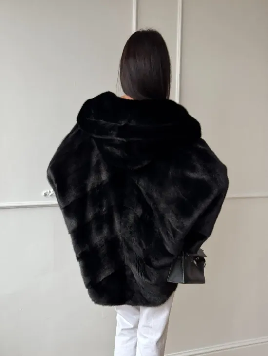Летучая мышь шуба из меха норки Black с капюшоном - паркет - фото 7