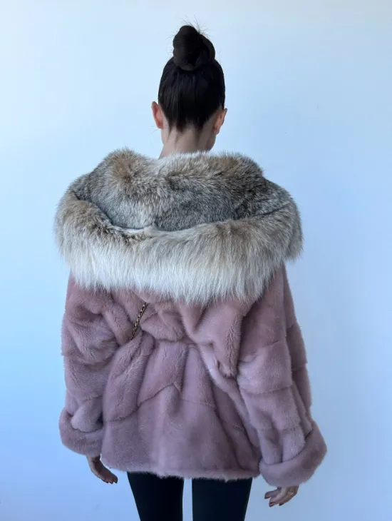 Шуба из норки Pink с капюшоном из меха рыси и манжетами на рукавах - фото 5