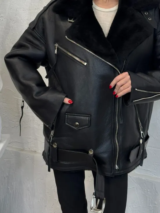 Дубленка зимняя авиатор из натуральной овчины - цвет черный - фото 2