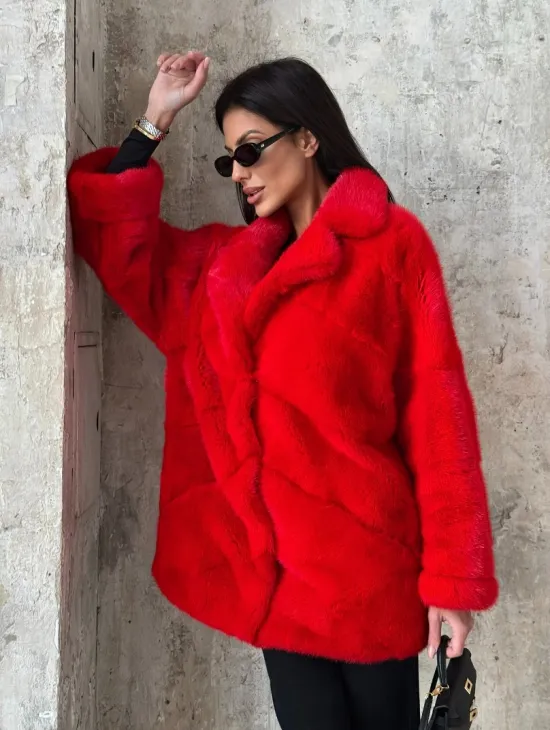 Красный полушубок из натурального меха норки - фото 7