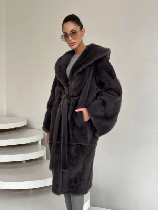 Зимняя норковая шуба с капюшоном - цвет графит - фото 7