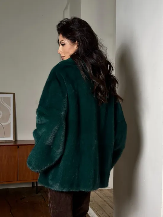 Изумрудная укороченная норковая шуба с английским воротником - фото 5