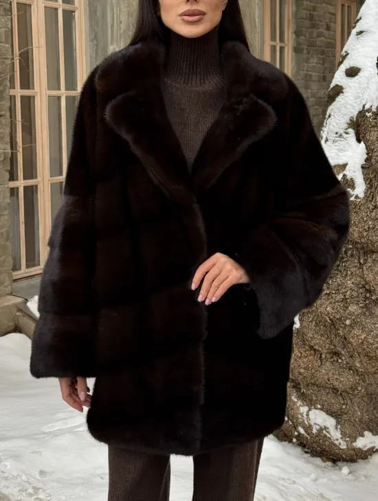 Норковое полупальто автоледи с английским воротником цвет Dark brown - фото 4