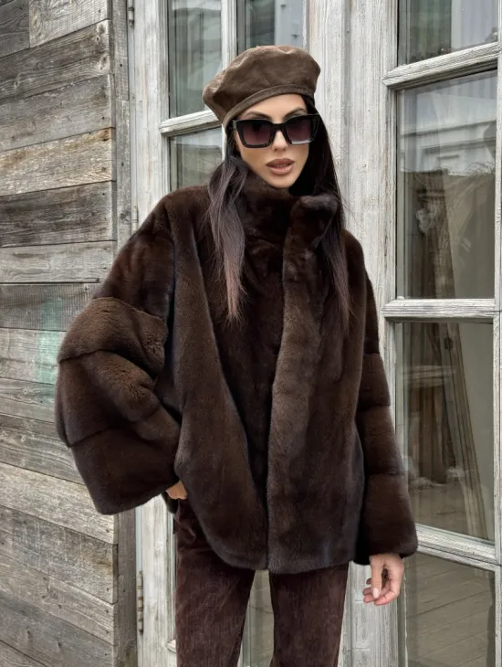 Норковый полушубок из меха аукционной норки, стойка воротник - фото 10