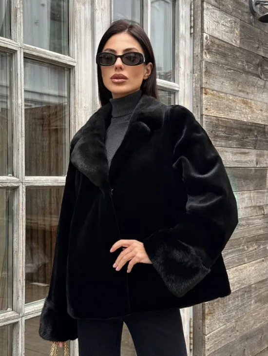 Короткий меховой полушубок из стриженной норки, английский воротник - фото 0