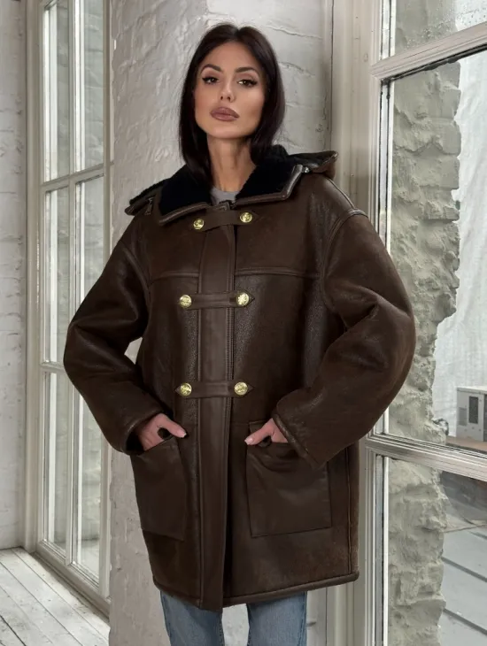 Двухсторонняя дублёнка из овчины с отстегивающимся капюшоном - фото 0