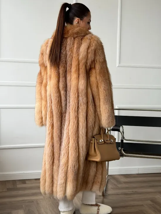 Длинная шуба из меха лисы Vintage gold с шалевым воротником - фото 3