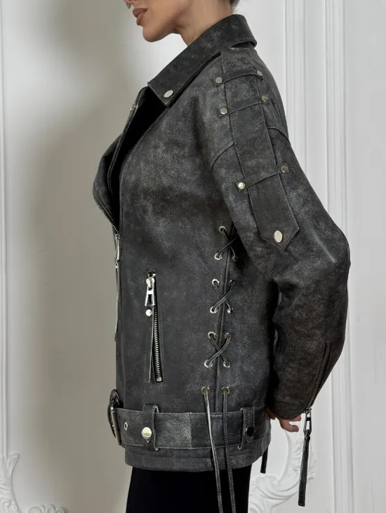 Косуха женская из натуральной кожи Vintage со шнуровкой - цвет серый - фото 3