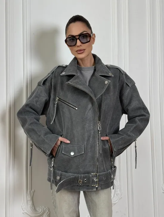 Винтажная кожаная косуха оверсайз - серый графит - фото 12