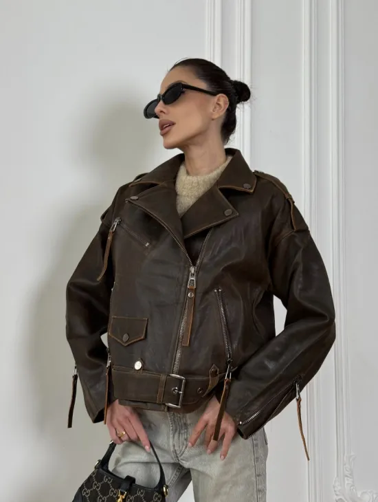 Vintage Brown кожаная куртка - косуха оверсайз с затертыми швами - фото 10