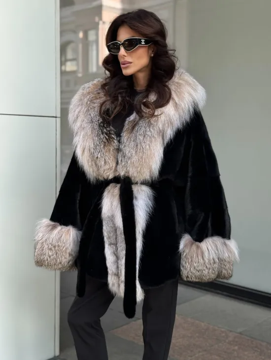 Черная норковая шуба PREMIUM COLLECTION с отделкой из меха канадской рыси - фото 5