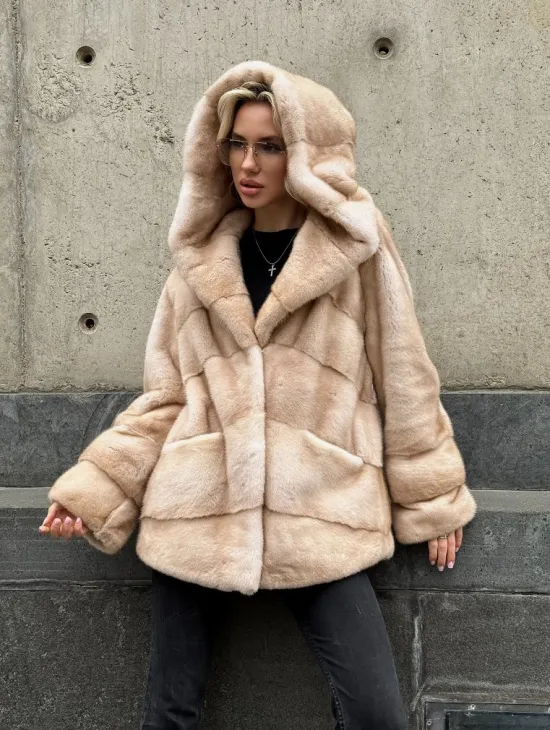 Женский норковый полушубок Premium fur с капюшоном 