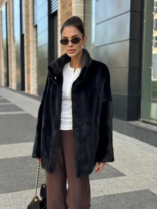 Элегантная черная шубка из меха норки - стойка воротник - фото 9