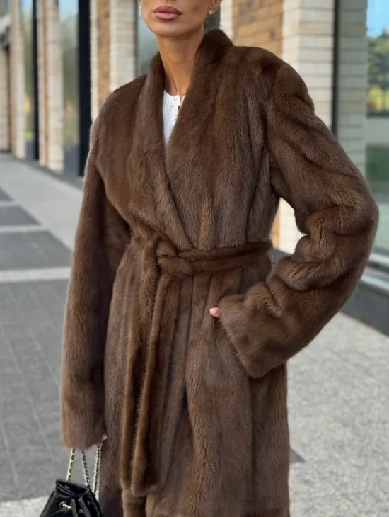 Длинное норковое пальто - шуба в цвете соболь - фото 2