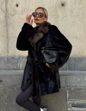 Норковая шуба махагон с куницей - фото 10