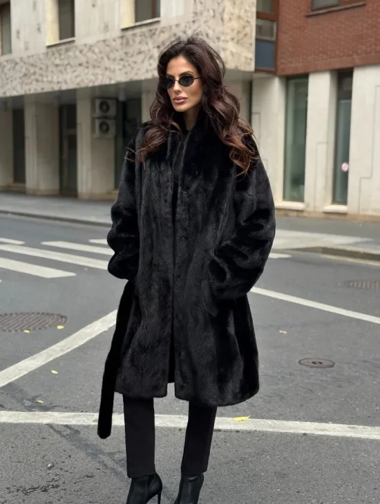 Норковая шуба средняя длина - черная - фото 8