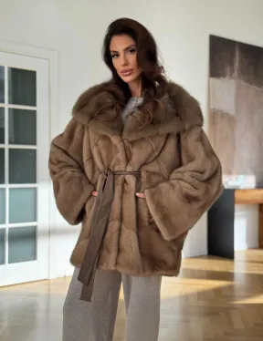 Шуба норковая бежевая с капюшоном - фото 8